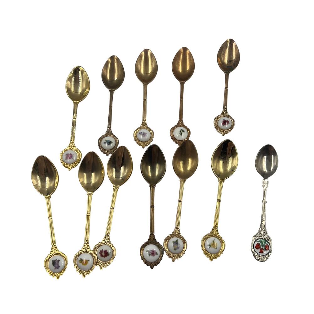Vintage Lot 12 Gold & Silver Tone Decorative Spoon Round Porcelain Floral Ends